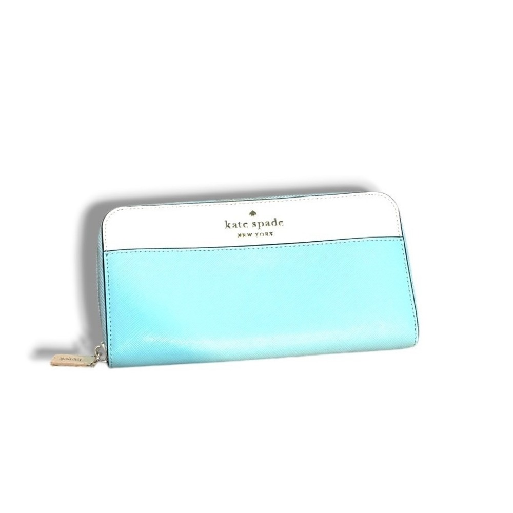 Kate Spade New York Wallet Womens Aqua White Saffiano Leather Zip Around